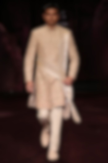 Ivory Handloom Raw Silk Pearl Embellished Groom Sherwani Set by Dolly J MAN at Pernia's Pop Up Shop