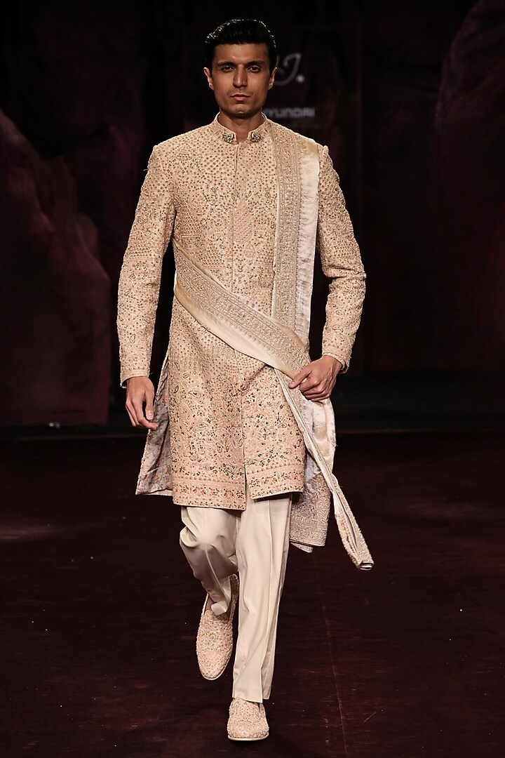 Ivory Handloom Raw Silk Pearl Embellished Groom Sherwani Set by Dolly J MAN at Pernia's Pop Up Shop