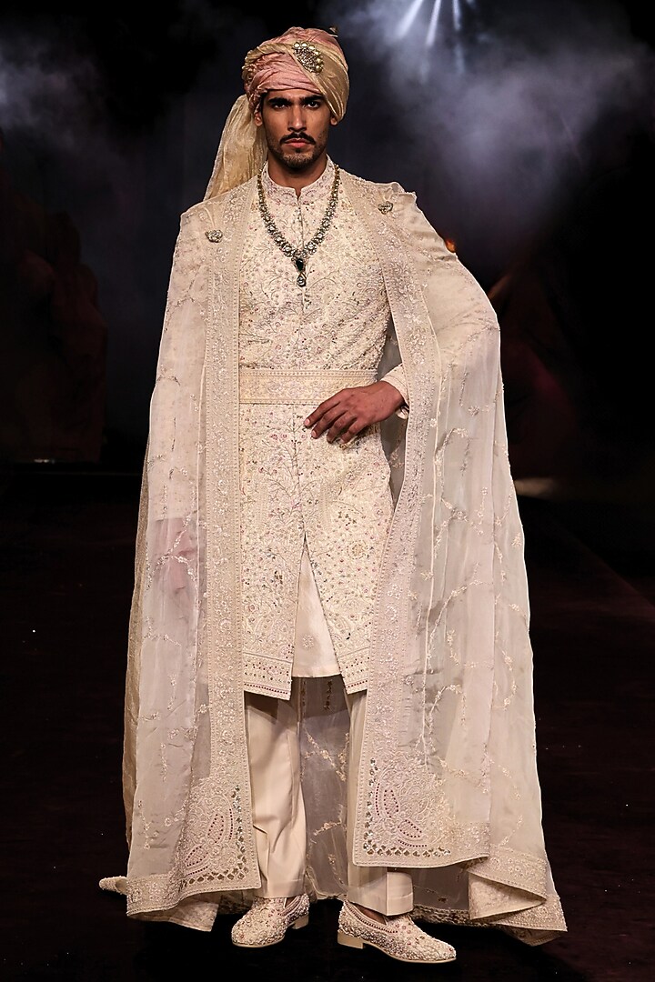 Ivory Handloom Raw Silk Pearl Embellished Groom Sherwani Set by Dolly J MAN at Pernia's Pop Up Shop