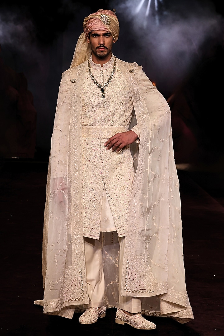 Ivory Handloom Raw Silk Pearl Embellished Groom Sherwani Set by Dolly J MAN at Pernia's Pop Up Shop