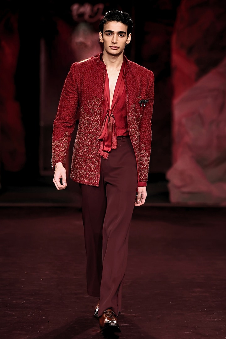 Garnet Wine Handloom Raw Silk Hand Embroidered Open Jacket Set by Dolly J MAN at Pernia's Pop Up Shop