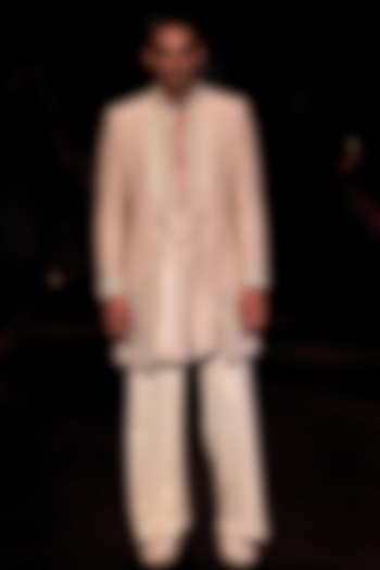 Ivory Handloom Raw Silk Pearl Embellished Open Groom Sherwani Set by Dolly J MAN at Pernia's Pop Up Shop