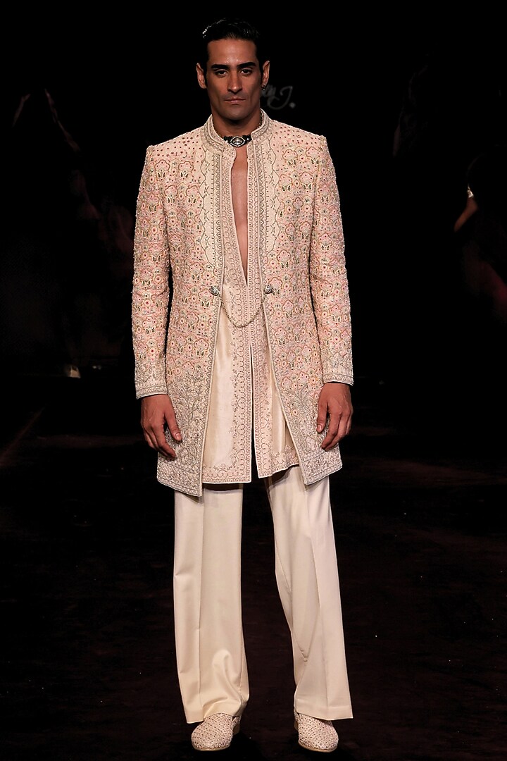 Ivory Handloom Raw Silk Pearl Embellished Open Groom Sherwani Set by Dolly J MAN at Pernia's Pop Up Shop