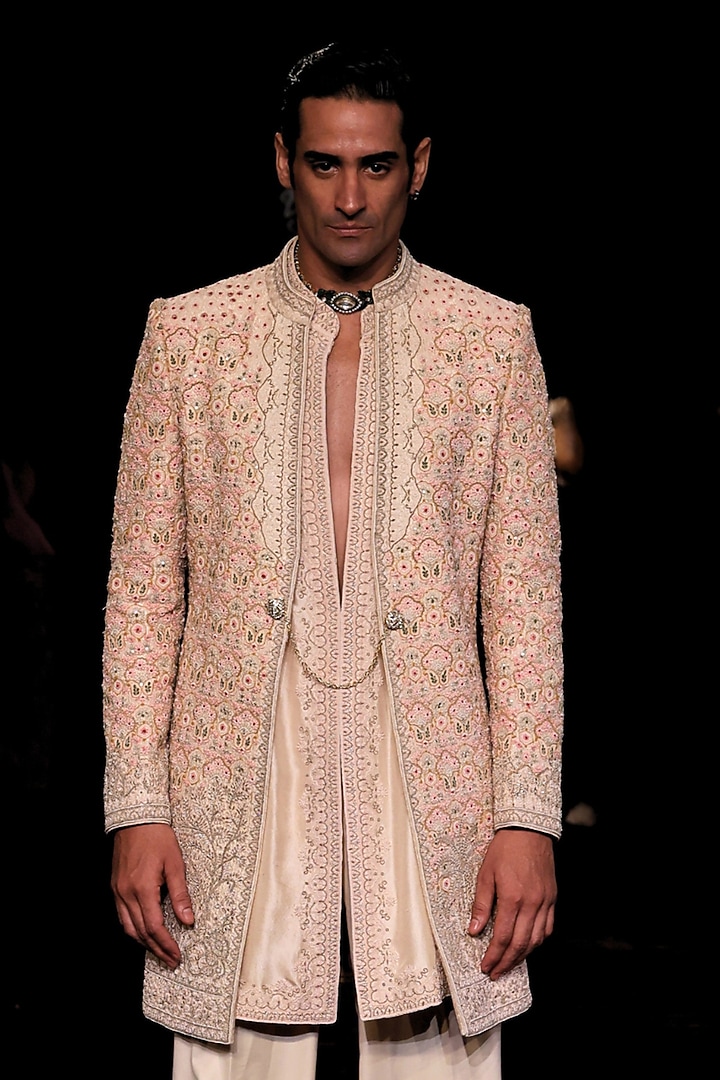 Ivory Handloom Raw Silk Pearl Embellished Open Groom Sherwani Set by Dolly J MAN at Pernia's Pop Up Shop