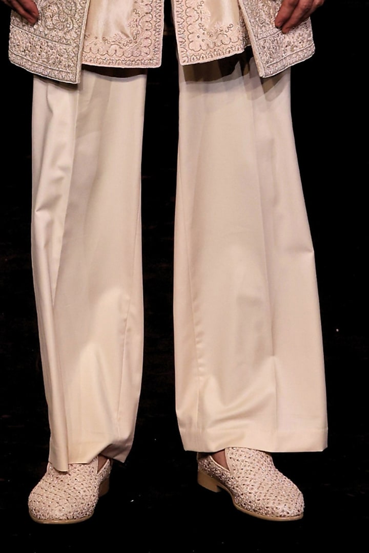 Ivory Handloom Raw Silk Pearl Embellished Open Groom Sherwani Set by Dolly J MAN at Pernia's Pop Up Shop