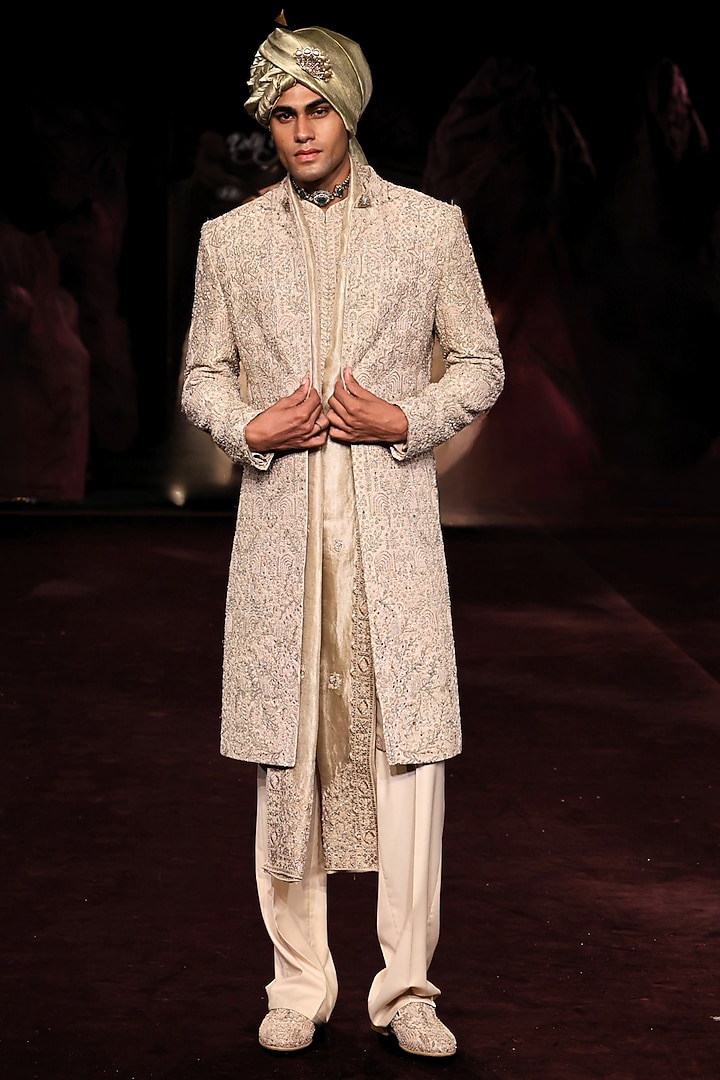 Ivory Handloom Raw Silk Embroidered Groom Sherwani Set by Dolly J MAN at Pernia's Pop Up Shop