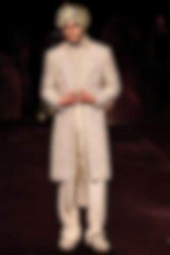 Ivory Handloom Raw Silk Embroidered Groom Sherwani Set by Dolly J MAN at Pernia's Pop Up Shop