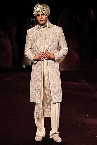 Ivory Handloom Raw Silk Embroidered Sherwani Set by Dolly J MAN