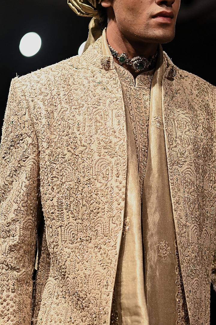 Ivory Handloom Raw Silk Embroidered Groom Sherwani Set by Dolly J MAN at Pernia's Pop Up Shop