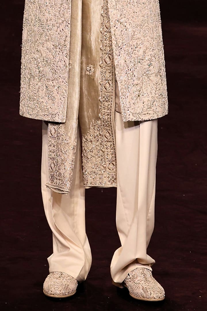 Ivory Handloom Raw Silk Embroidered Groom Sherwani Set by Dolly J MAN at Pernia's Pop Up Shop