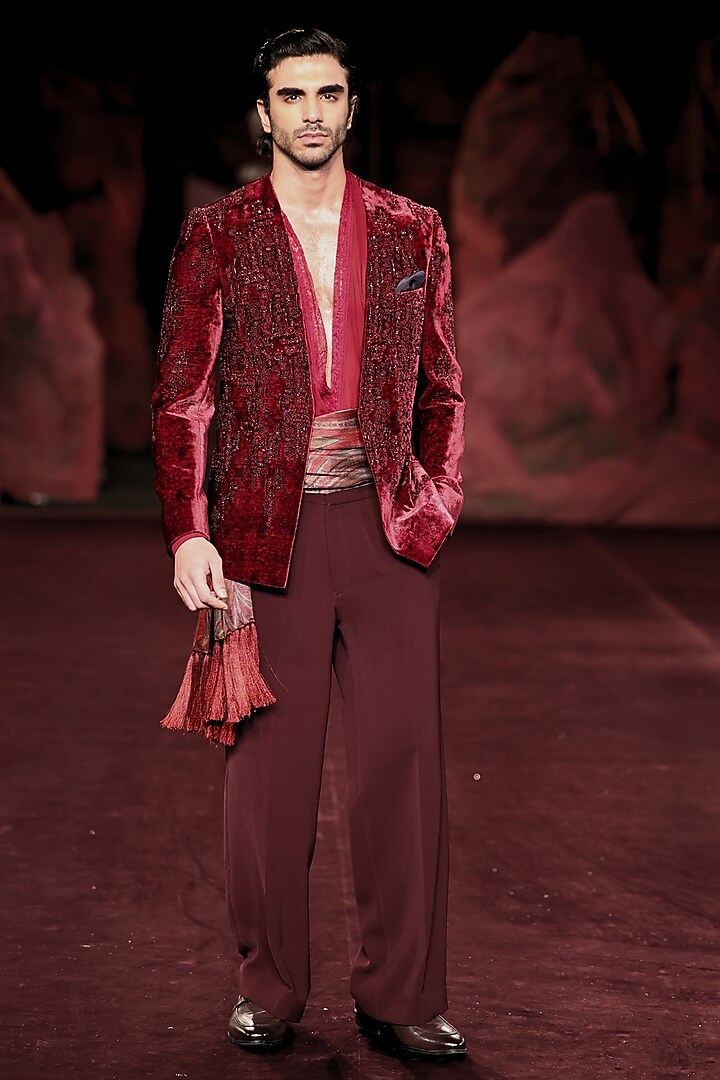 Garnet Wine Silk Velvet Printed & Embroidered Open Jacket Set by Dolly J MAN at Pernia's Pop Up Shop