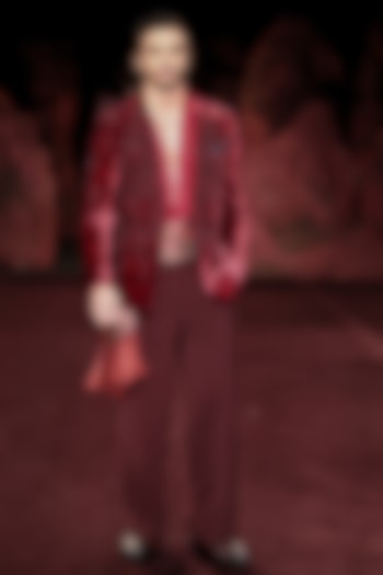 Garnet Wine Silk Velvet Printed & Embroidered Open Jacket Set by Dolly J MAN at Pernia's Pop Up Shop