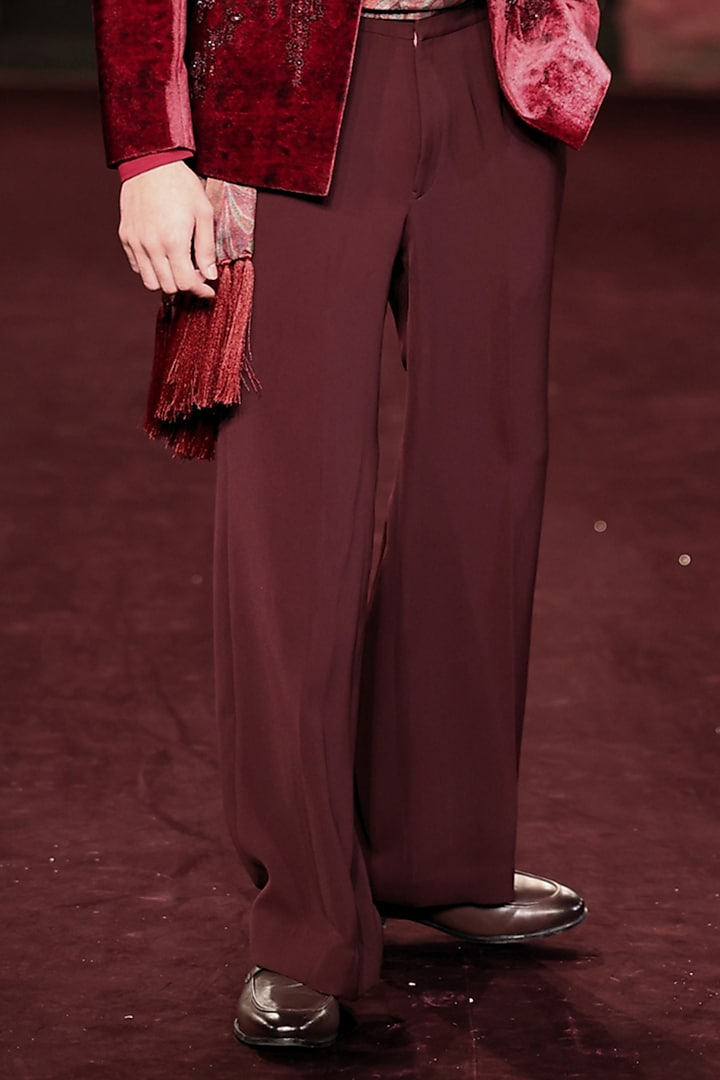 Garnet Wine Silk Velvet Printed & Embroidered Open Jacket Set by Dolly J MAN at Pernia's Pop Up Shop