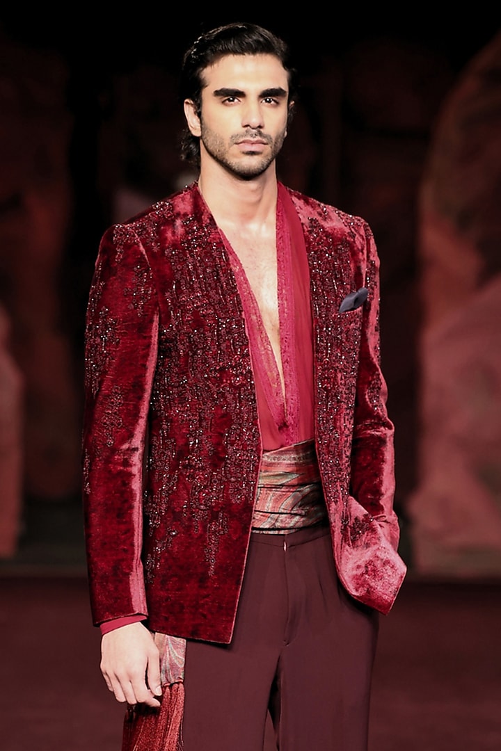 Garnet Wine Silk Velvet Printed & Embroidered Open Jacket Set by Dolly J MAN at Pernia's Pop Up Shop