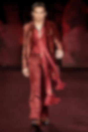 Scarlet Silk Velvet Printed & Embroidered Open Jacket Set by Dolly J MAN at Pernia's Pop Up Shop