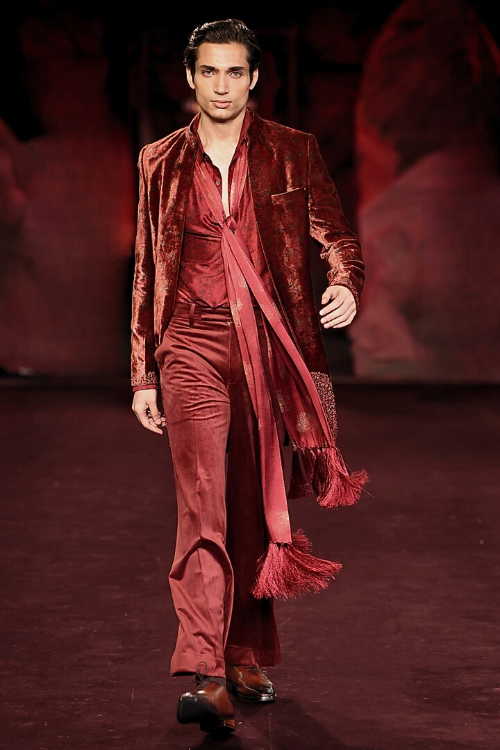 Scarlet Silk Velvet Printed & Embroidered Open Jacket Set by Dolly J MAN at Pernia's Pop Up Shop