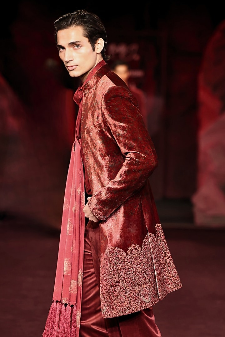 Scarlet Silk Velvet Printed & Embroidered Open Jacket Set by Dolly J MAN at Pernia's Pop Up Shop