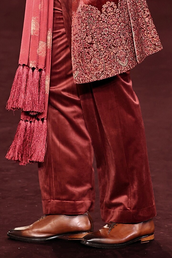 Scarlet Silk Velvet Printed & Embroidered Open Jacket Set by Dolly J MAN at Pernia's Pop Up Shop