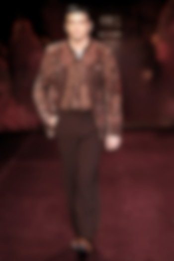 Mocha-Pewter Green Silk Velvet Printed Open Jacket Set by Dolly J MAN at Pernia's Pop Up Shop