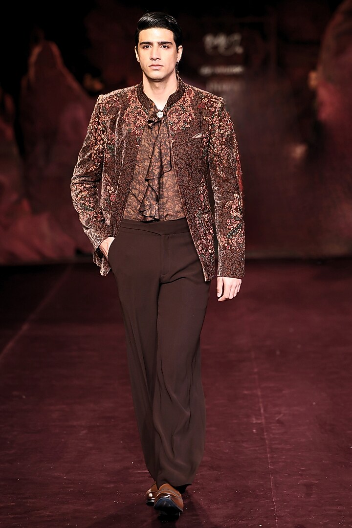 Mocha-Pewter Green Silk Velvet Printed Open Jacket Set by Dolly J MAN at Pernia's Pop Up Shop