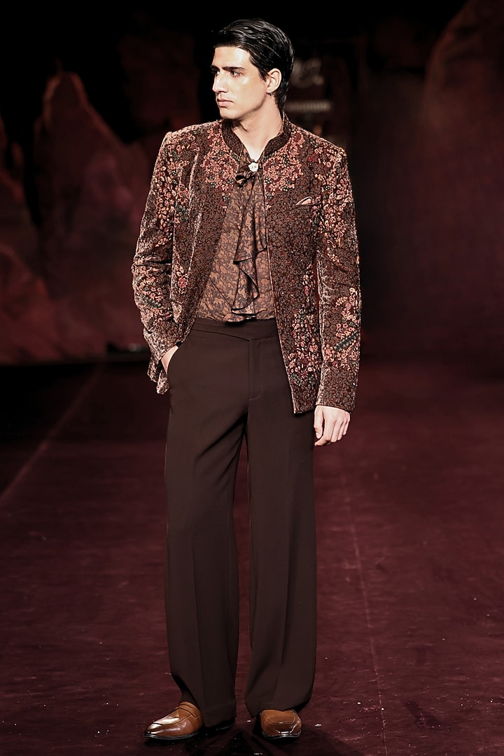 Mocha-Pewter Green Silk Velvet Printed Open Jacket Set by Dolly J MAN at Pernia's Pop Up Shop