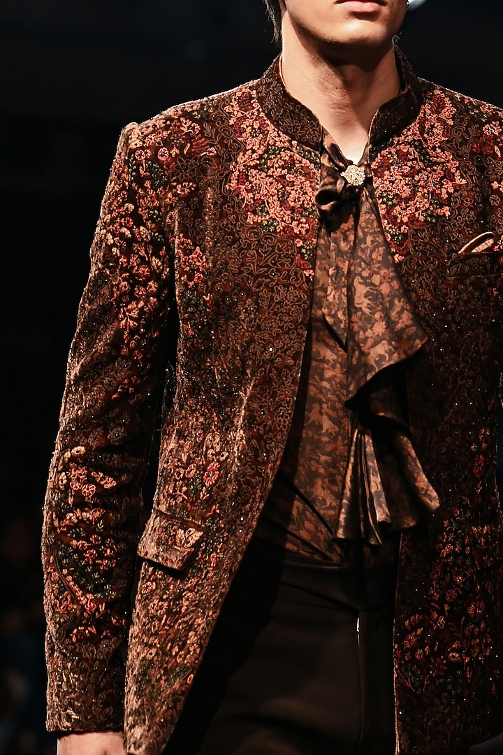 Mocha-Pewter Green Silk Velvet Printed Open Jacket Set by Dolly J MAN at Pernia's Pop Up Shop