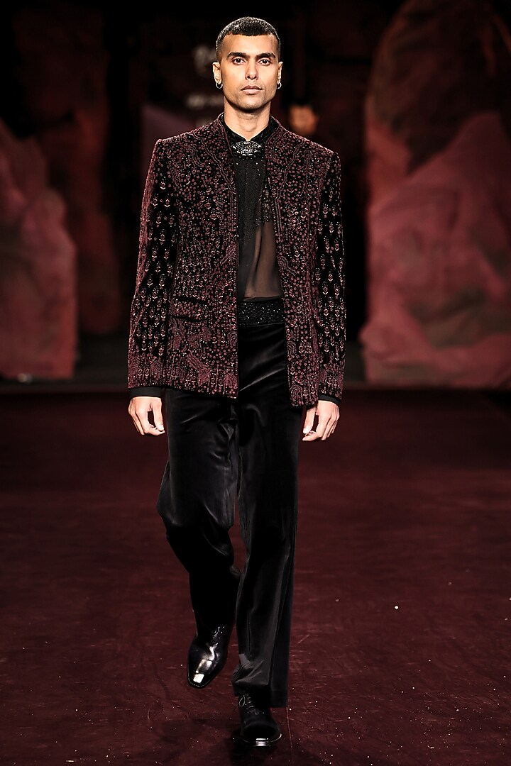Mahogany Silk Velvet Hand Embroidered Open Jacket Set by Dolly J MAN at Pernia's Pop Up Shop