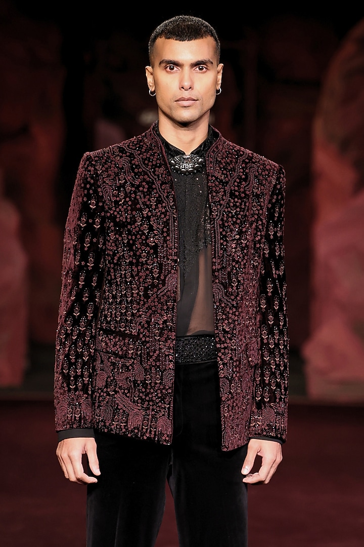 Mahogany Silk Velvet Hand Embroidered Open Jacket Set by Dolly J MAN at Pernia's Pop Up Shop
