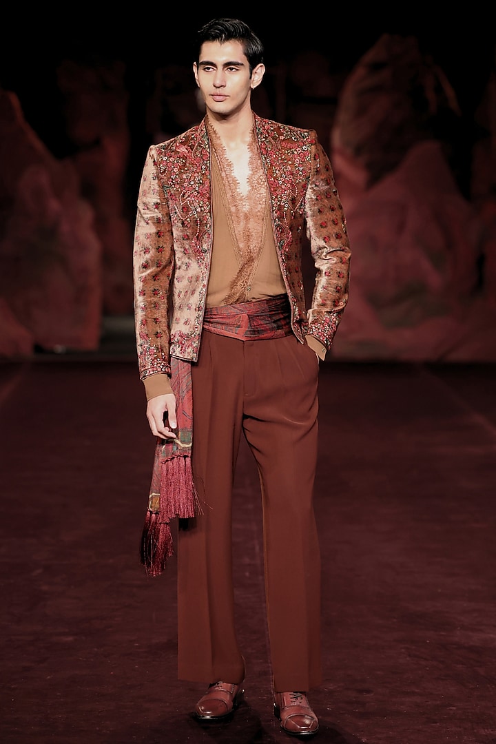 Ember Green Silk Velvet Printed & Thread Embroidered Short Jacket Set by Dolly J MAN at Pernia's Pop Up Shop