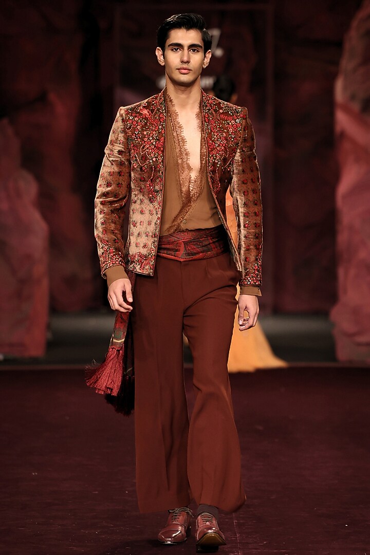 Ember Green Silk Velvet Printed & Thread Embroidered Short Jacket Set by Dolly J MAN at Pernia's Pop Up Shop
