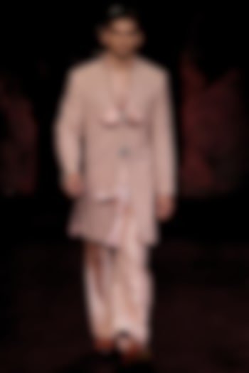 Blush Handloom Matka Silk Hand Embroidered Long Jacket Set by Dolly J MAN at Pernia's Pop Up Shop