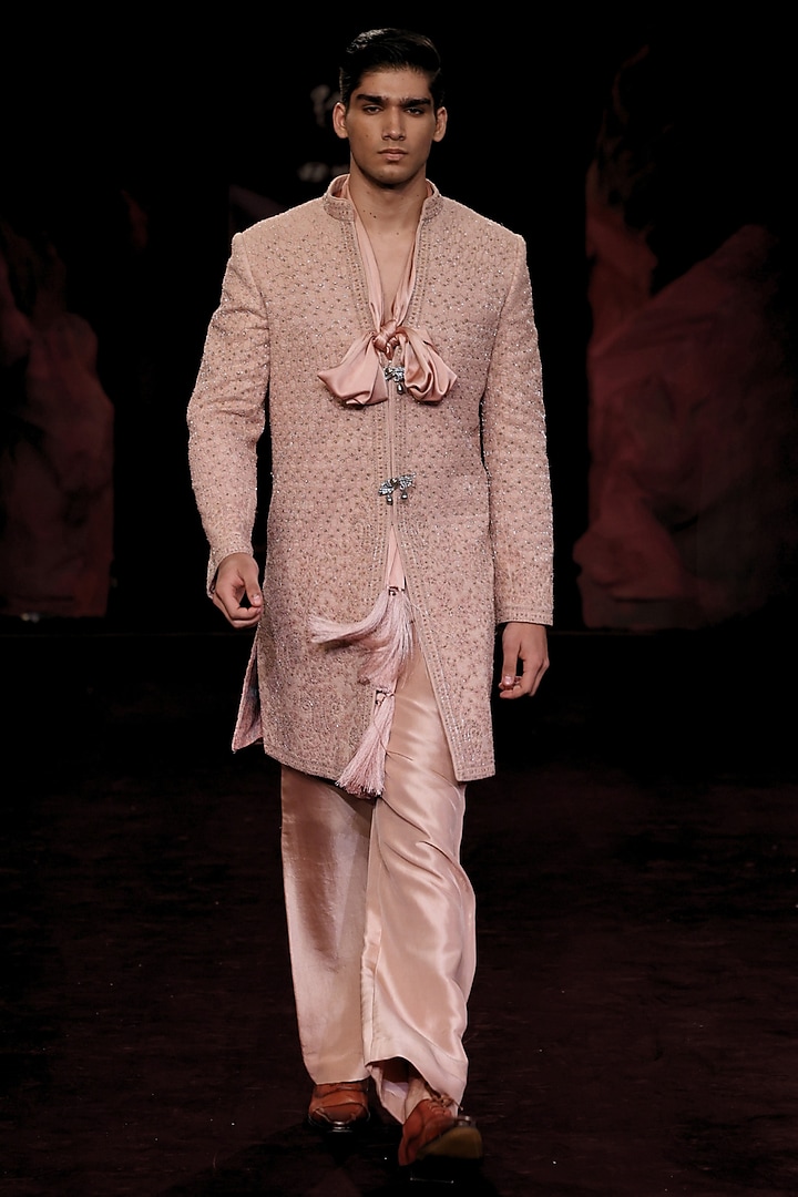 Blush Handloom Matka Silk Hand Embroidered Long Jacket Set by Dolly J MAN at Pernia's Pop Up Shop