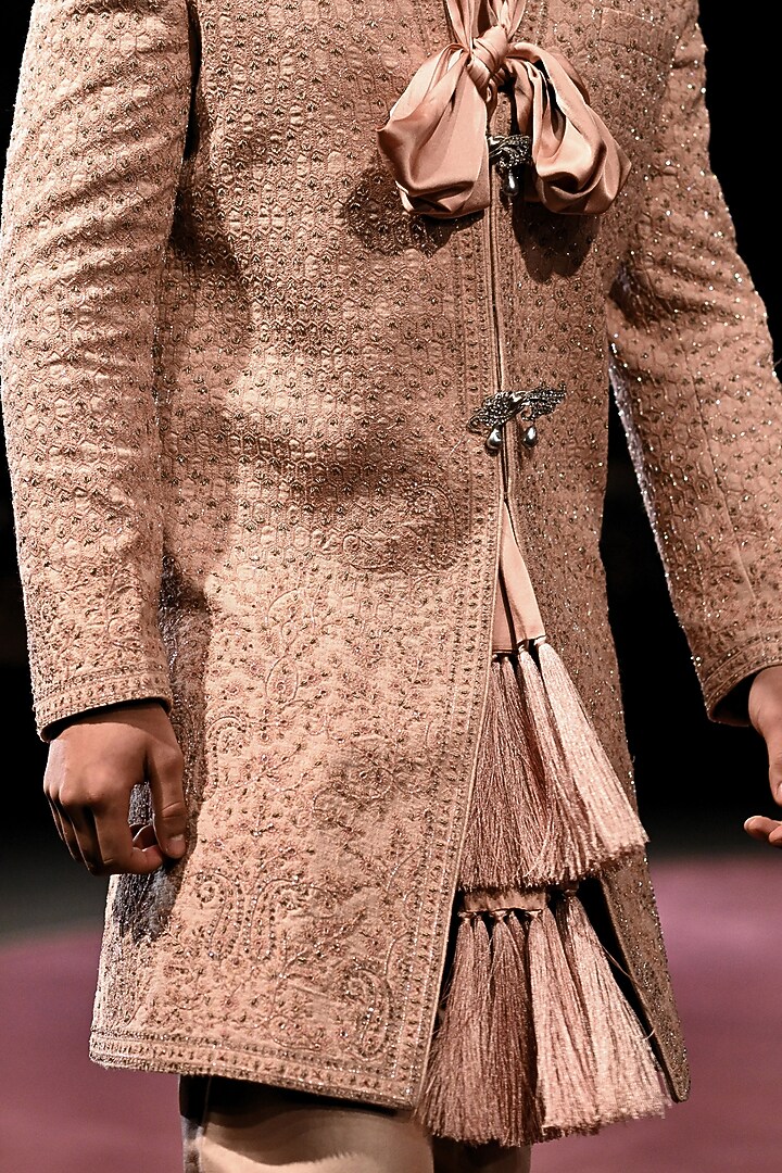 Blush Handloom Matka Silk Hand Embroidered Long Jacket Set by Dolly J MAN at Pernia's Pop Up Shop