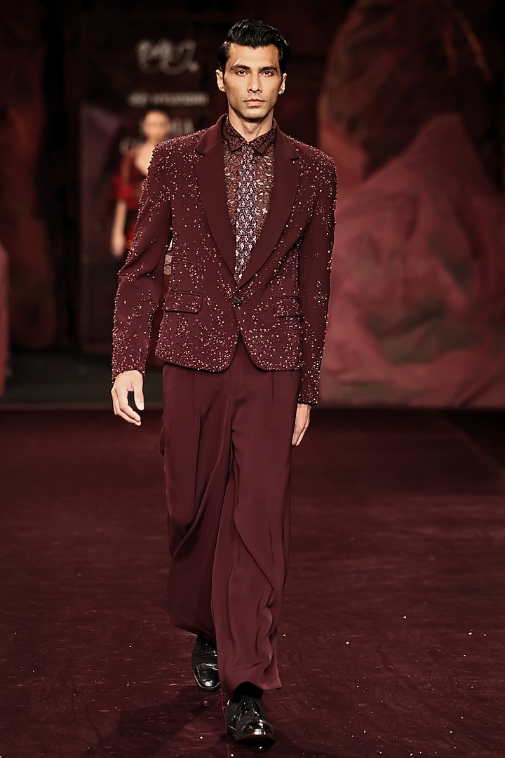 Mahogany Velvet Hand Embroidered Jacket Set by Dolly J MAN at Pernia's Pop Up Shop