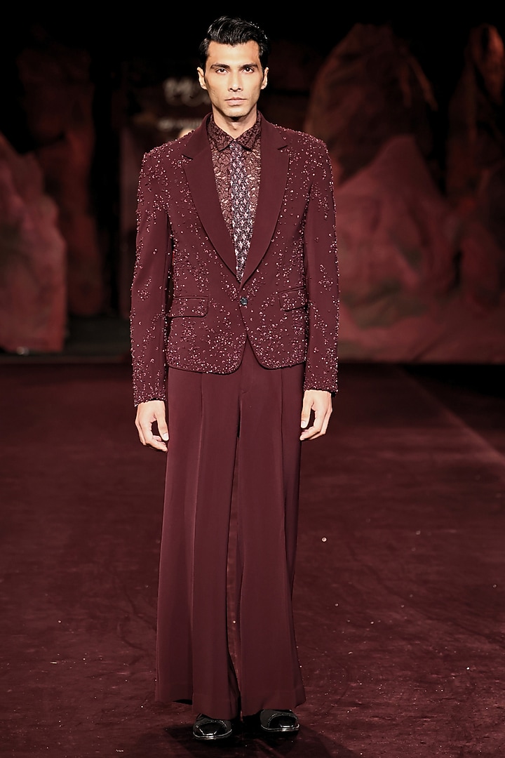 Mahogany Velvet Hand Embroidered Jacket Set by Dolly J MAN at Pernia's Pop Up Shop