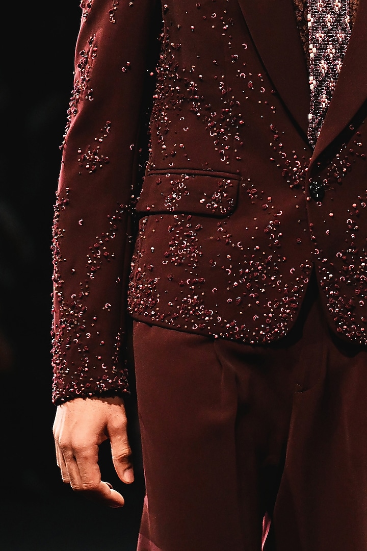 Mahogany Velvet Hand Embroidered Jacket Set by Dolly J MAN at Pernia's Pop Up Shop