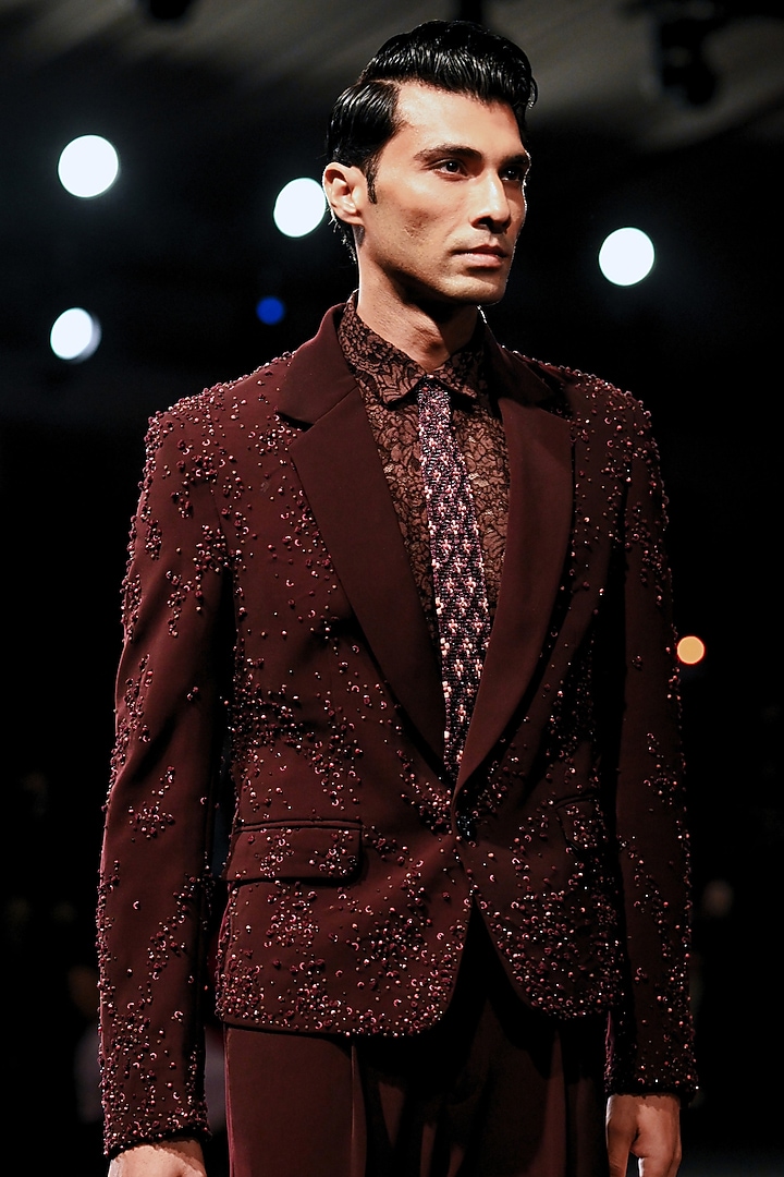 Mahogany Velvet Hand Embroidered Jacket Set by Dolly J MAN at Pernia's Pop Up Shop