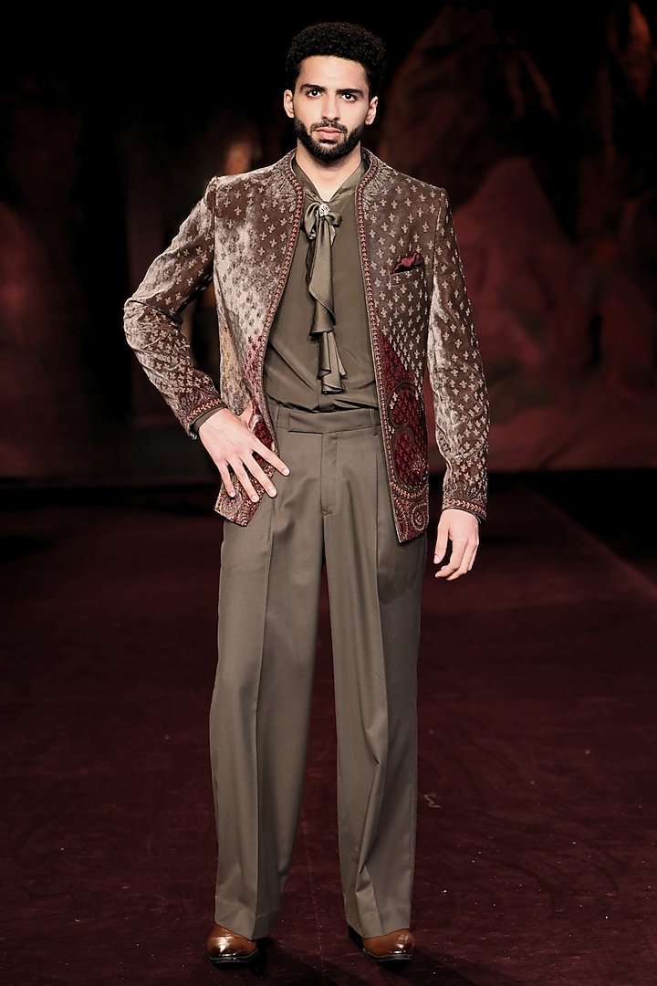 Pewter Green Silk Velvet Printed Open Jacket Set by Dolly J MAN at Pernia's Pop Up Shop