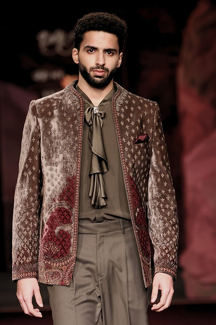 Pewter Green Silk Velvet Printed Open Jacket Set by Dolly J MAN at Pernia's Pop Up Shop
