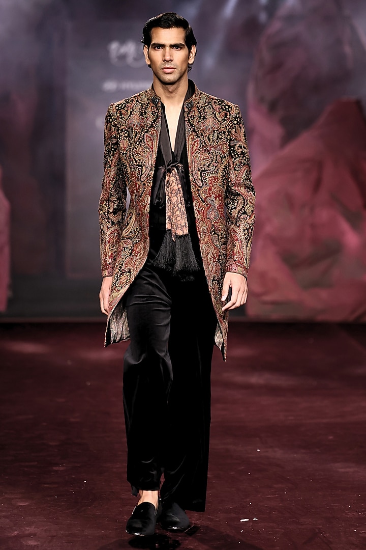 Noir-Colored Handloom Raw Silk Embroidered Open Groom Sherwani Set by Dolly J MAN at Pernia's Pop Up Shop