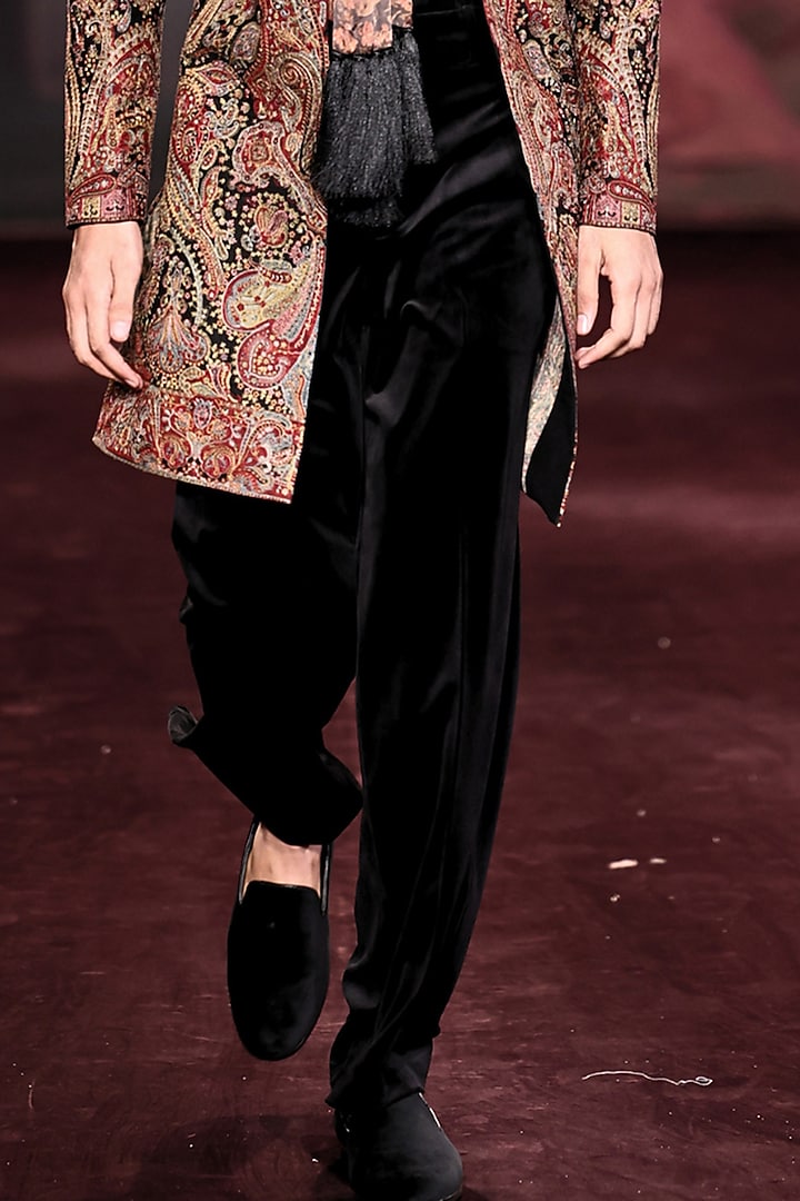 Noir-Colored Handloom Raw Silk Embroidered Open Groom Sherwani Set by Dolly J MAN at Pernia's Pop Up Shop