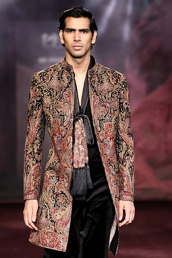 Noir-Colored Handloom Raw Silk Embroidered Open Groom Sherwani Set by Dolly J MAN at Pernia's Pop Up Shop