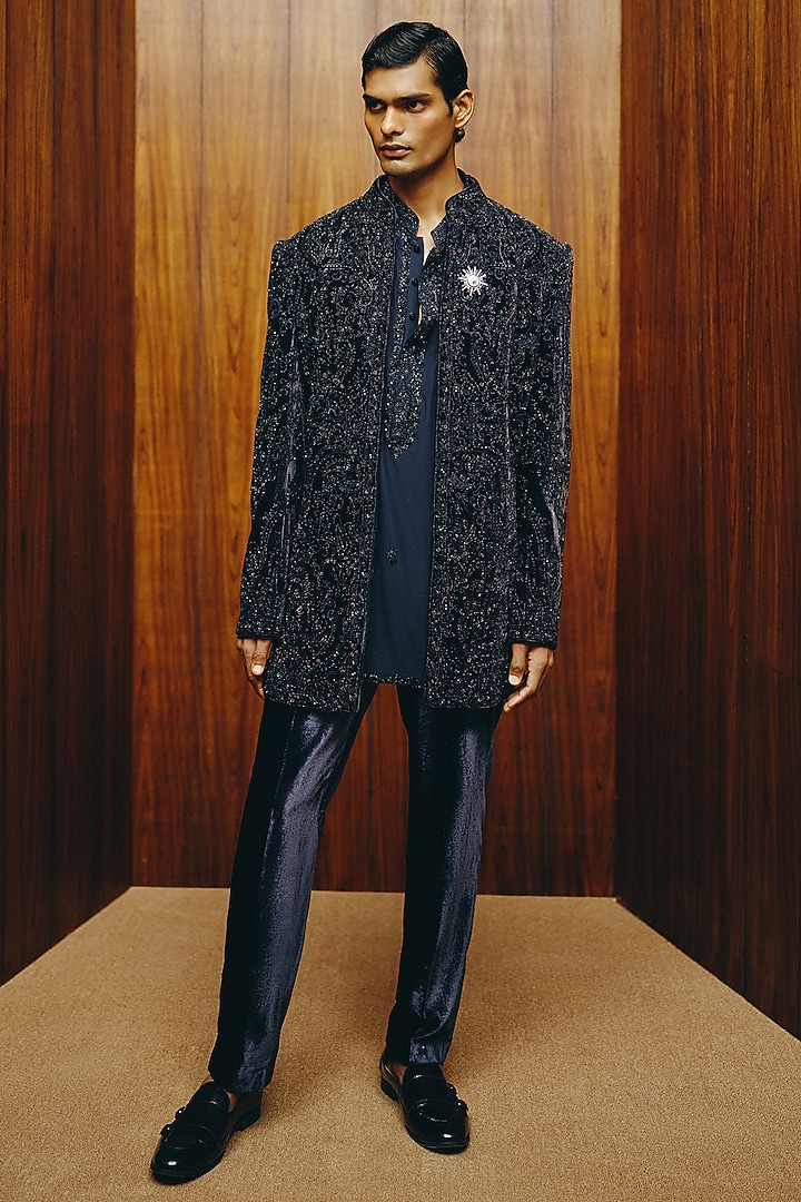 Dark Royal Blue Velvet Embroidered Jacket Set by Dolly J MAN at Pernia's Pop Up Shop