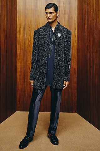 Dark Royal Blue Velvet Embroidered Jacket Set by Dolly J MAN