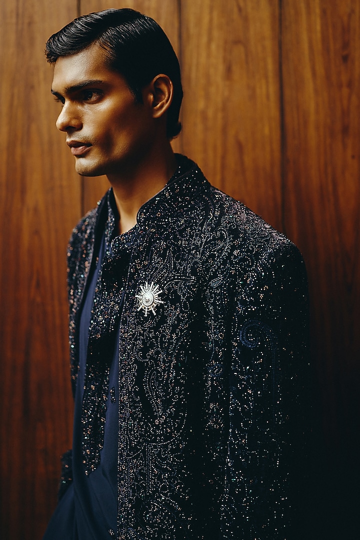 Dark Royal Blue Velvet Embroidered Jacket Set by Dolly J MAN at Pernia's Pop Up Shop