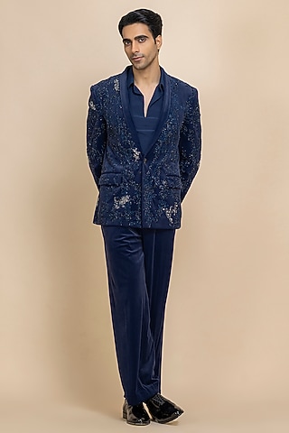 Cobalt Blue Velvet Blazer Set by Dolly J MAN