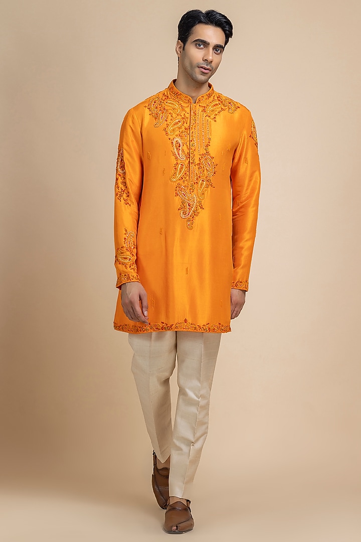 Marigold Raw Silk Paisley Embroidered Kurta Set by Dolly J MAN at Pernia's Pop Up Shop
