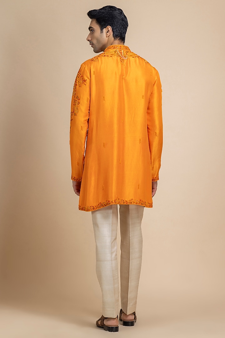 Marigold Raw Silk Paisley Embroidered Kurta Set by Dolly J MAN at Pernia's Pop Up Shop