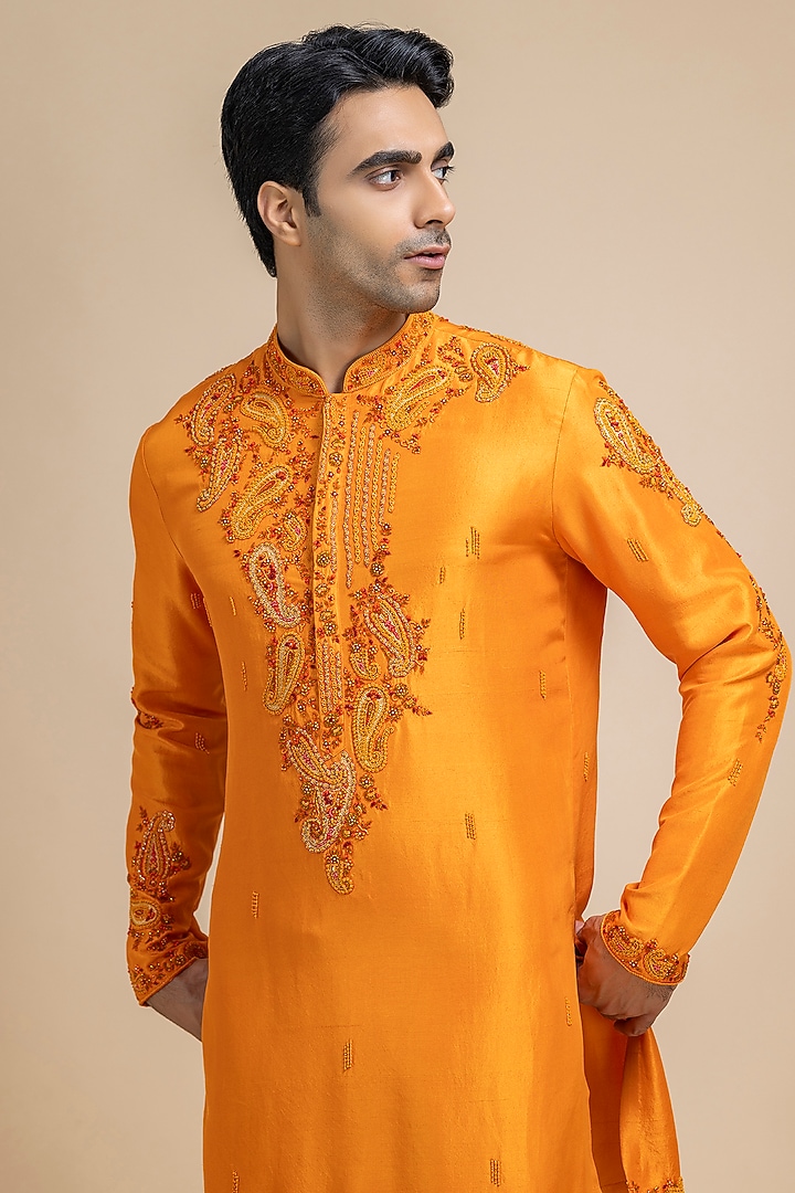 Marigold Raw Silk Paisley Embroidered Kurta Set by Dolly J MAN at Pernia's Pop Up Shop