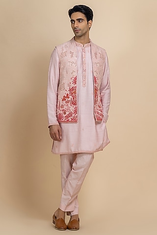Baby Pink Raw Silk Embroidered Bundi Jacket Set by Dolly J MAN